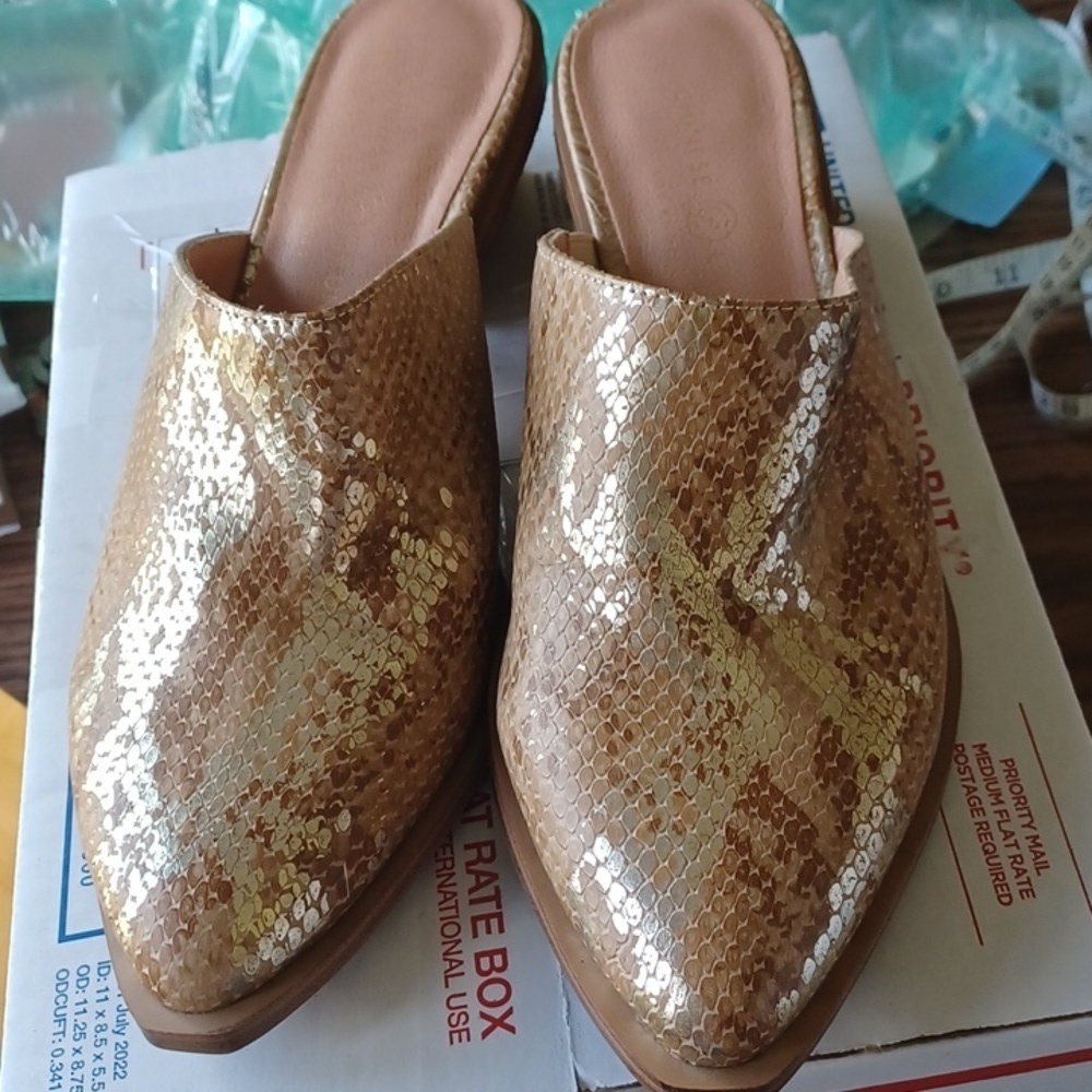 Chinese Laundry Tan Snake Print Mules, 7.5